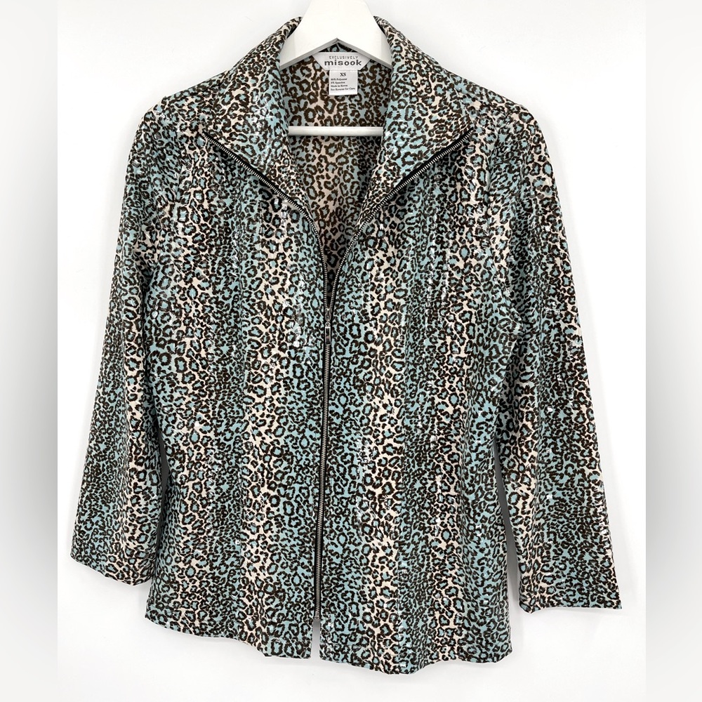 Exclusively Misook Paillette Sequin Zip Front Jacket Leopard Print Size XS